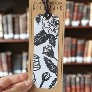 Hand printed original linocut design Bookmark - Blush Rose design