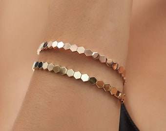 14K/18K SOLID GOLD Honeycomb Bracelet, 18K Solid Gold Bracelet, Handmade Bracelet, Hexagonal Bangle Bracelet, Hexagon Link Bracelet