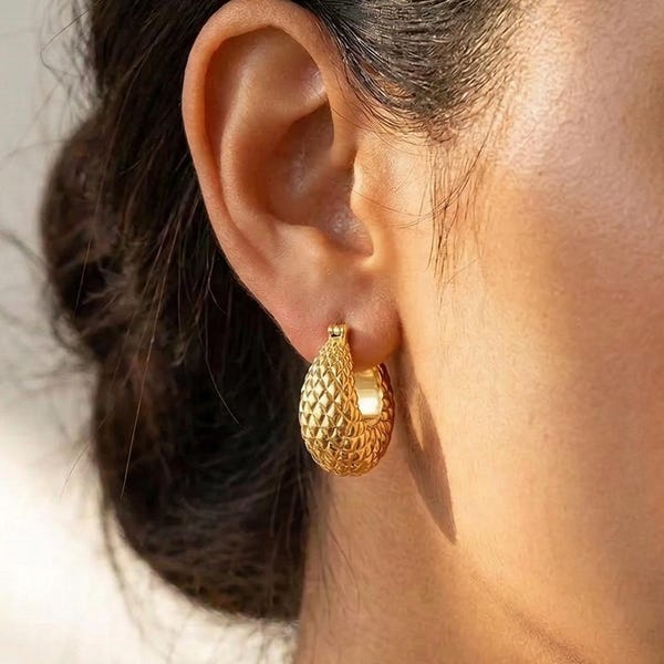 18K Solid Gold Tube Hoops, Chunky Large hoop earrings, Pineapple Hoop,  Beads Hoop, Thick Huggies, Bold Earrings