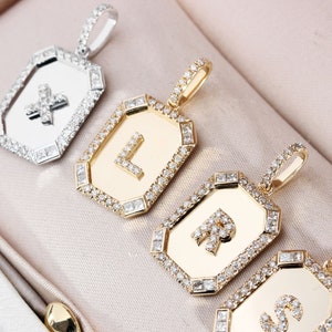 18K Solid Gold Initial Letter Charm / A-Z charms/Diamond Initial Tag/ Initial Charm/Rectangle Initial Letter Personalize Diamond Pendant