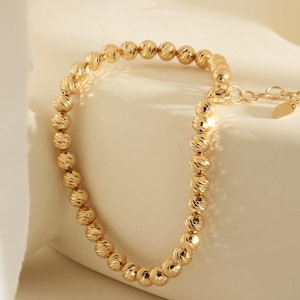 18K SOLID GOLD Large beads bracelet, solid gold stacking bracelet, dainty chain bracelet, gold layer bracelet, gold bead bracelet