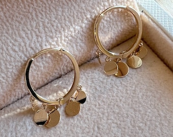 18K Solid Yellow Gold/ Rose gold Hoop disc Earrings, Huggie Hoop Earrings, tiny dots hoops, small disc earrings, gold disc hoop