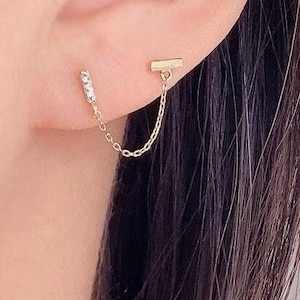 10K Solid Gold Double Piercing Earring, Solid gold bar Earring, Gold Tassel chain earring, chain earrings double piercing