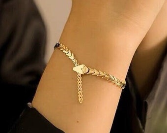 18K Solid Gold Adjustable Snake Bracelet,Gold Snake Bracelet,Rolling Serpent Bracelet,Link Bracelet for Women, Gold Snake Chain Bracelet