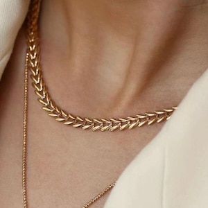 18K Solid Gold Wheat Chain Necklace, thick herringbone chain, solid gold snake chain, 18k foxtail necklace