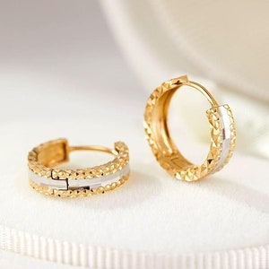 18K Solid Gold Two Tone Hoop Earrings, Gold and Silver hoop, two toned huggie hoop earrings, small gold hoop, Mixed Colour Huggie Hoops