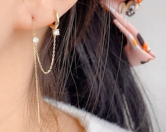 10K Solid Gold Double Piercing Earring, Solid gold star Earring, Gold Tassel chain earring, chain earrings double piercing