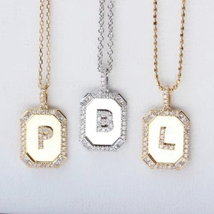18K massief gouden beginletter bedel / A-Z bedels/diamant initiaal tag/initiaal bedel/rechthoek beginletter personaliseren diamanten hanger