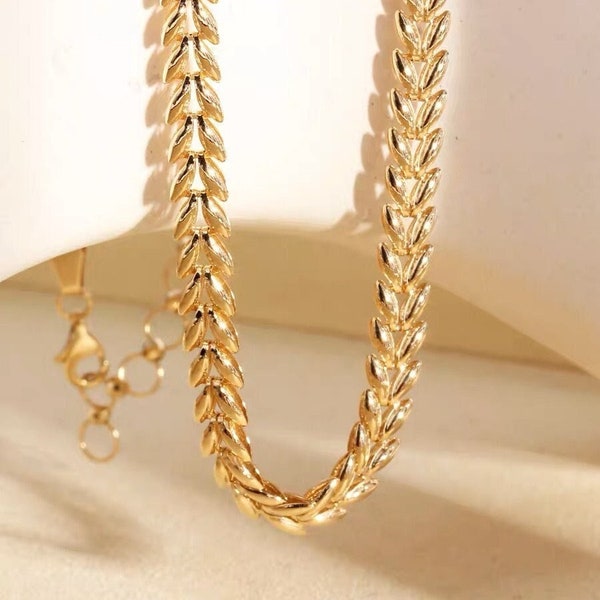 18K Solid Gold Wheat Chain Necklace, thick herringbone chain, solid gold snake chain, 18k foxtail necklace