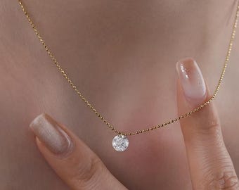 18K Solid Gold 1ct Dangling Diamond Necklace, Single Diamond Necklace,  mini diamond Necklace, solitaire diamond necklace
