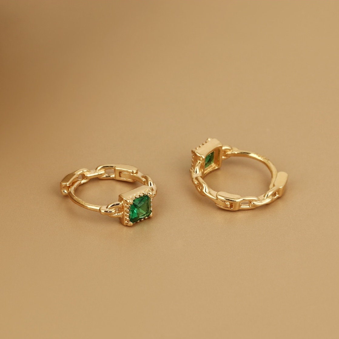 14K Solid Gold Emerald Hoop Earrings Solid Gold Emerald Etsy