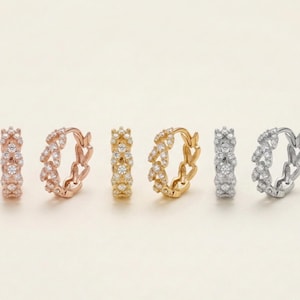 18K Solid Gold Yellow Gold/Rose Gold/ White Gold Wheat Pattern Natural Diamond Hoop Earring, Dainty diamond hoop, small leaf diamond hoop