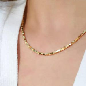 2mm 18K Solid Gold Beads Necklace, Small Beads Gold Necklace, solid Gold Disc Necklace, Τiny Dots Necklace, Square Beads Necklace
