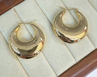 Aretes ovalados de oro macizo de 18 quilates, aros minimalistas gruesos y alargados, aros de oro macizo, aros alargados y aros cónicos gruesos.