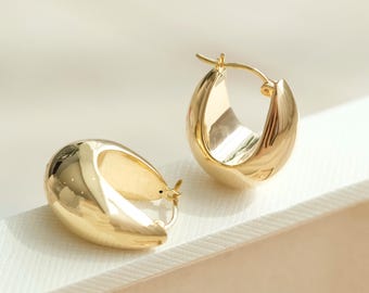 ピアス LESS IS MORE 14K gold oval earrings m 18K Solid Gold Oval Earrings, Minimalist Chunky Huggie Hoop
