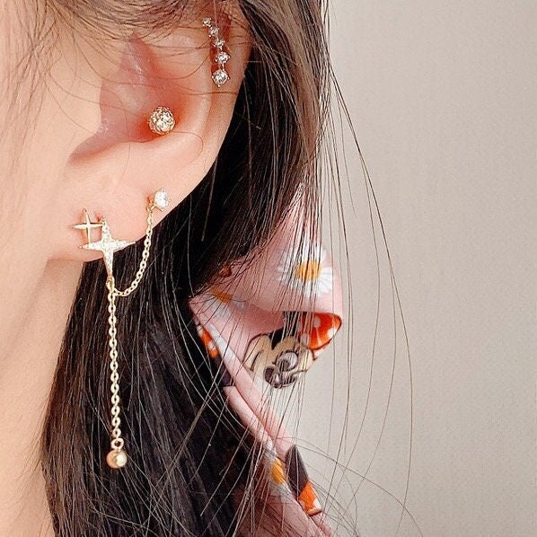 SALUT DE MIEL☆韓国ピアス☆DOUBLESOLAR EARRING 10K Solid Gold Double Piercing Earring, Solid Gold Star