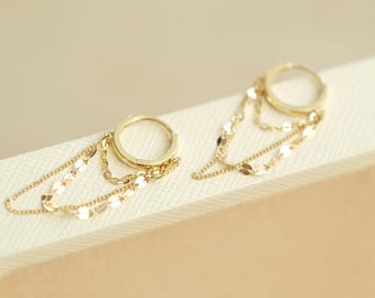 10K Solid Gold Dainty hoop Huggies, Chain Tassel hoop Huggies, Small hoops, Solid Gold Earrings, gold tassel earrings