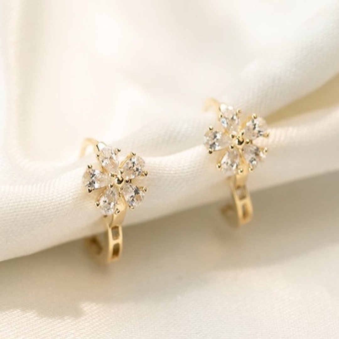 14k SOLID GOLD Flower Hoop Earrings With Zircon Stones, Small Flower
