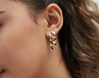 14k Solid gold Long Link Chain Earrings, Chain Earrings, solid gold link earrings, chunky link earrings, statement earrings
