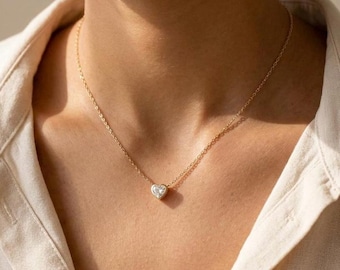 14K Solid Gold heart necklace, tiny heart pendant, love necklace, Valentine's Day Gift,Mini heart choker, diamond Heart Necklace