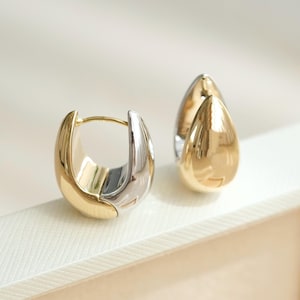 18K Solid Gold Two Tone Hoop Earrings, Large Ball Earring, Chunky Gold hoop, Large Hoop Earrings, Sparkle Hoop Earring