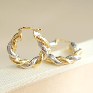 18K massivt guld tvåfärgade twistörhängen, klassiska rörörhängen, grova guldörhängen, tvåfärgade knubbiga örhängen, tvåradiga örhängen