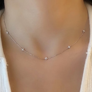 18K SOLID GOLD Clover Necklace ,dainty clover station necklace, dangling clover necklace, gold flower necklace