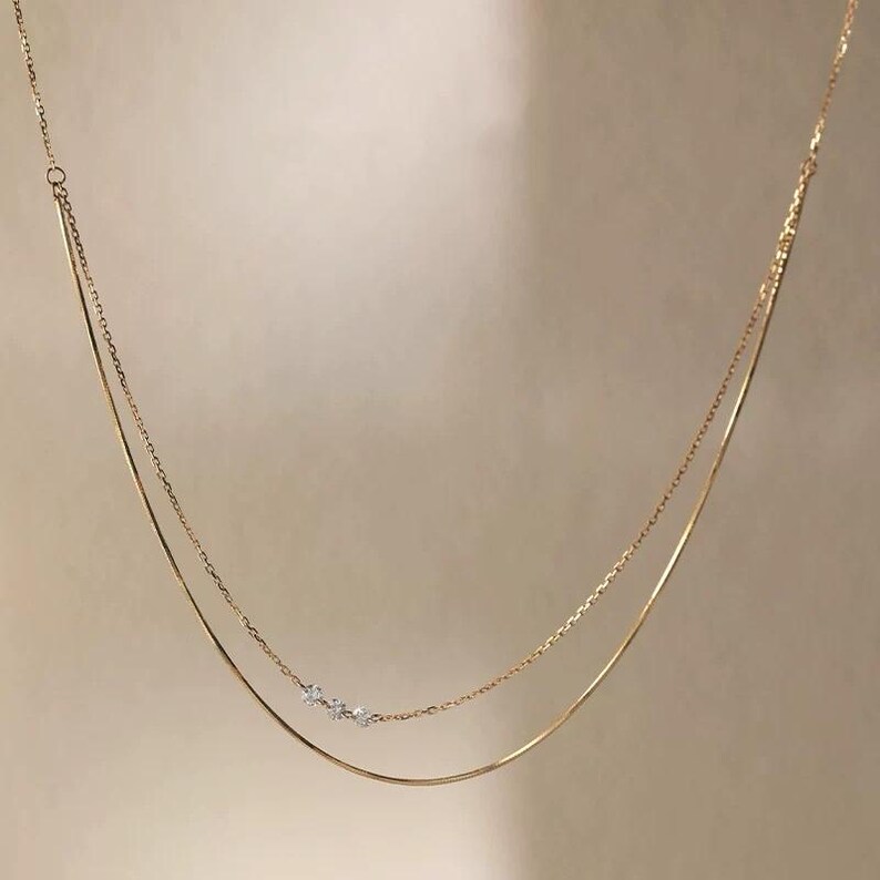 18K Solid Gold Double Layer Snake Chain Diamond Necklace, Skinny
