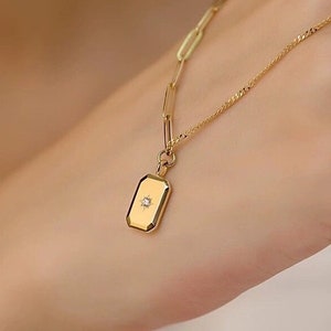 14k Solid Gold Rectangle Pendant, Teardrop Pendant, Rectangular locket style pendant,shooting star necklace
