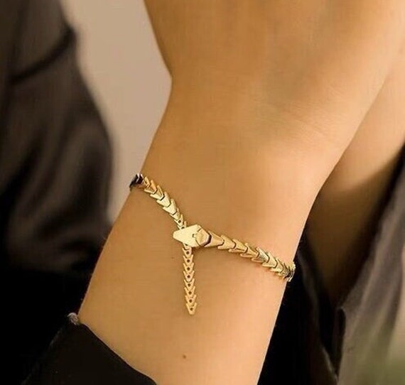 18K Solid Gold Adjustable Snake Bracelet,Gold Snake Bracelet,Rolling Serpent Bracelet,Link Bracelet for Women, Gold Snake Chain Bracelet