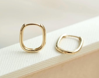 14K Solid Gold Dainty Oval Hoop Earrings, Small Solid Gold Hoop Earring, Huggie Hoop Earrings, oval hoops, round earrings, rectangular hoop