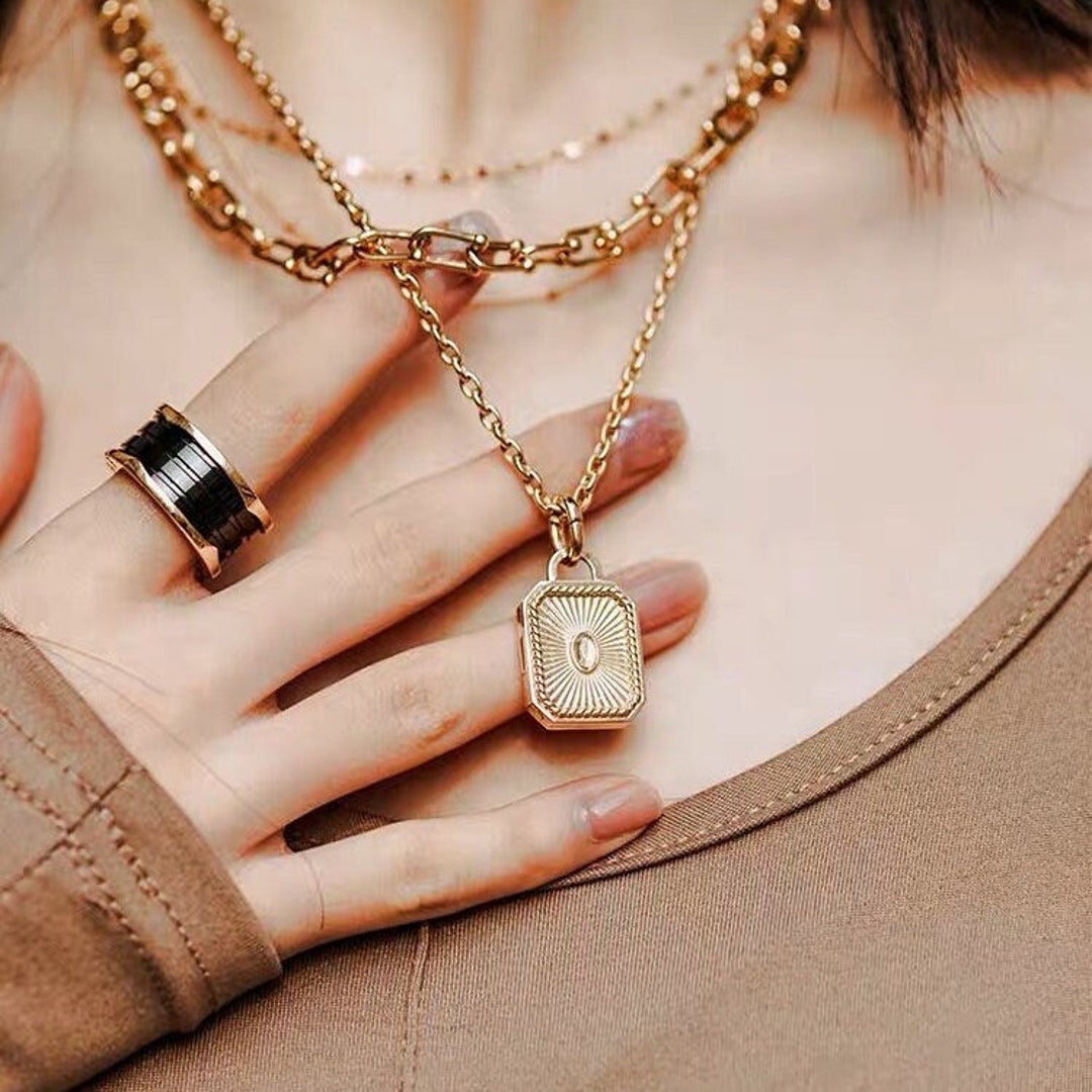 14K Solid Gold Locket Necklace Square Locket Charm Solid Etsy