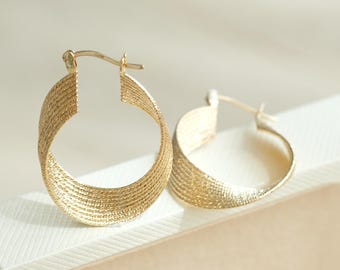 18K Solid Gold Large Textured Hoop Earring, Unique Sunshine