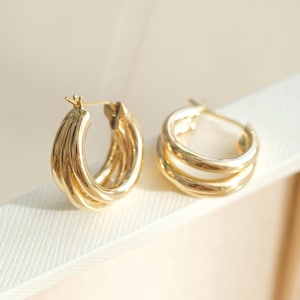18K Solid Gold Big Hoop Earrings, Trio Circle Hoop, solid gold hoop, Huggie Hoop Earrings, square hoops, twist hoops, Triple Circle Earrings