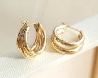 18K Solid Gold Big Hoop Earrings, Trio Circle Hoop, solid gold hoop, Huggie Hoop Earrings, square hoops, twist hoops, Triple Circle Earrings