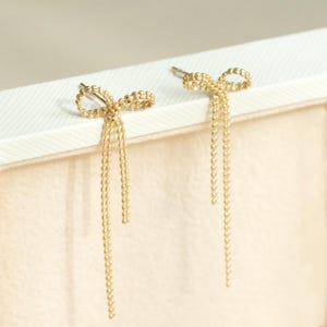 18K Solid Gold Bow Earrings, Chain Tassel hoop Huggies, Long Bow Earrings, Solid Gold Earrings, gold tassel earrings