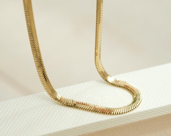 18K Solid Gold 2.5mm Soft Herringbone Flat Chain Necklace, 18k Flat Solid Gold Snake Chain,solid gold chain