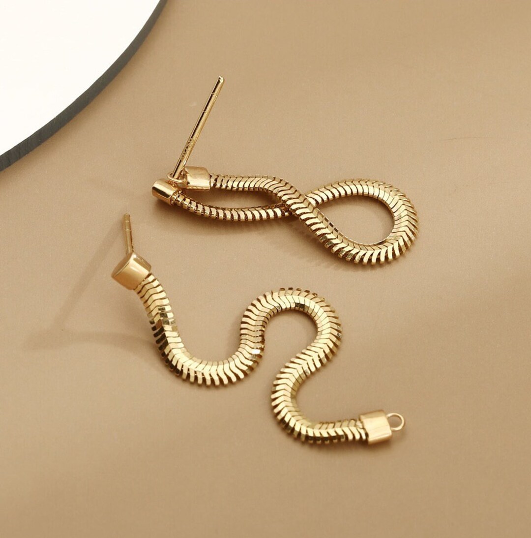 18K Solid Gold Snake Earrings, Gold Snake Bone Earrings, Herringbone
