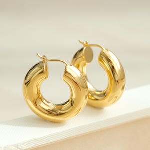 18K Solid Gold Tube Hoops, Chunky Large hoop earrings, Satin Tube Hoop, brushed gold hoop, Thick Huggies, C shape tube Earrings