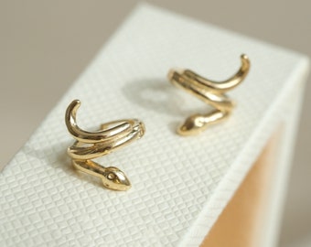 10K Solid Gold Snake Scales Huggie Hoop Earrings, 10K Serpeni Earrings, Snake Bone Huggies, solid gold snake earring, Dainty Snake Hoop