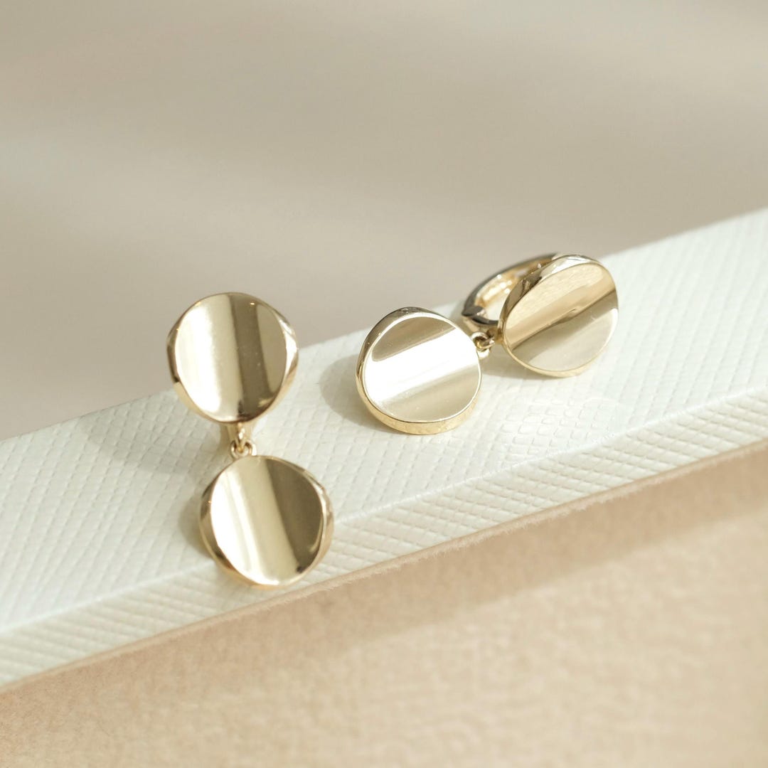 14K Solid Gold Disc Earrings, Double Round Disc Earrings, Tiny Dot ...