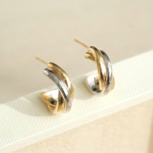 18K Solid Gold Two Tone Twist Hoop Earrings, Classic Tube Hoops, Chunky Gold hoop, Two Tone Chubby Earrings, Two row earrings
