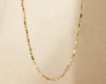 18K Solid Gold Tiny Gold Bamboo Bar Necklace, Small Beads Gold Necklace, solid Gold Disc Necklace, Τiny Dots Necklace, tiny beads choker