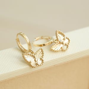 14K SOLID GOLD Dangling Butterfly Hoop Earrings,Huggie hoop earring butterfly, butterfly earrings, butterfly huggie