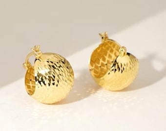 Orecchini Huggie spessi e rotondi in oro massiccio 18 carati, orecchini a sfera grandi, orecchini a cerchio con sfera spessa, orecchini a sfera da discoteca, orecchini Huggie spessi, orecchini audaci