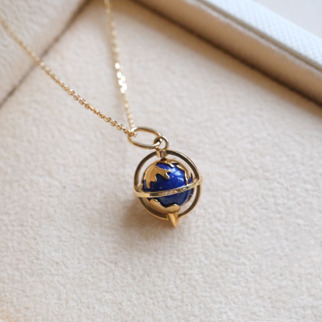 18K Solid Gold World Map Pendant, Solid Gold Map Necklace, Rotating Earth Necklace, Enamel Earth