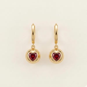 14K solid gold dangling ball earrings with heart , ruby heart earrings, small ball earrings, 14k heart earrings, , Love Earring