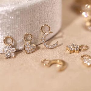 18K Solid Gold Tiny Small Dangle Earring Charm, Piercing Droplet Pendant Charm, Cartilage Hoop Charm, Helix Hoop Charm, Mini diamond charm