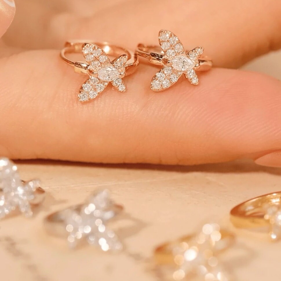 18k SOLID GOLD Butterfly Hoop Earrings With Natural Diamonds