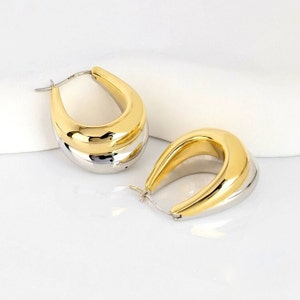 18K Solid Gold Two Tone Hoop Earrings, Classic Tube Hoops, Chunky Gold hoop, Large Hoop Earrings, Two Tone Chubby Earrings